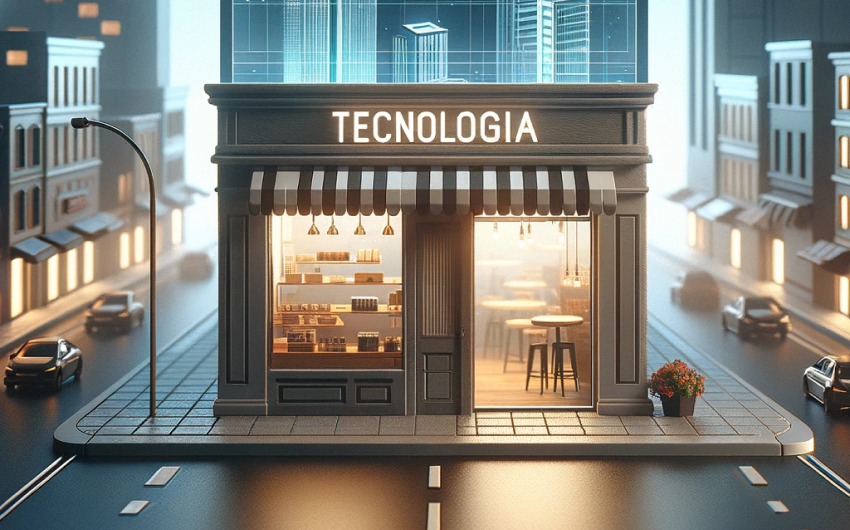 Imagem gerada por IA com a fachada de um pequeno negócio e um painel luminoso com a palavra Tecnologia.